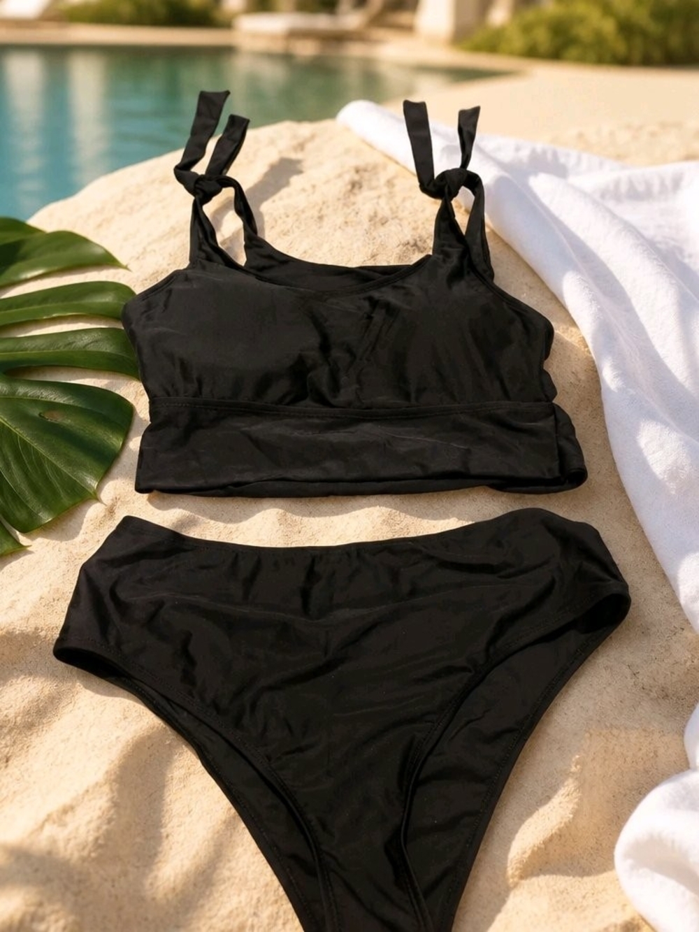 Black High-Waist Tie-Shoulder Bikini Set